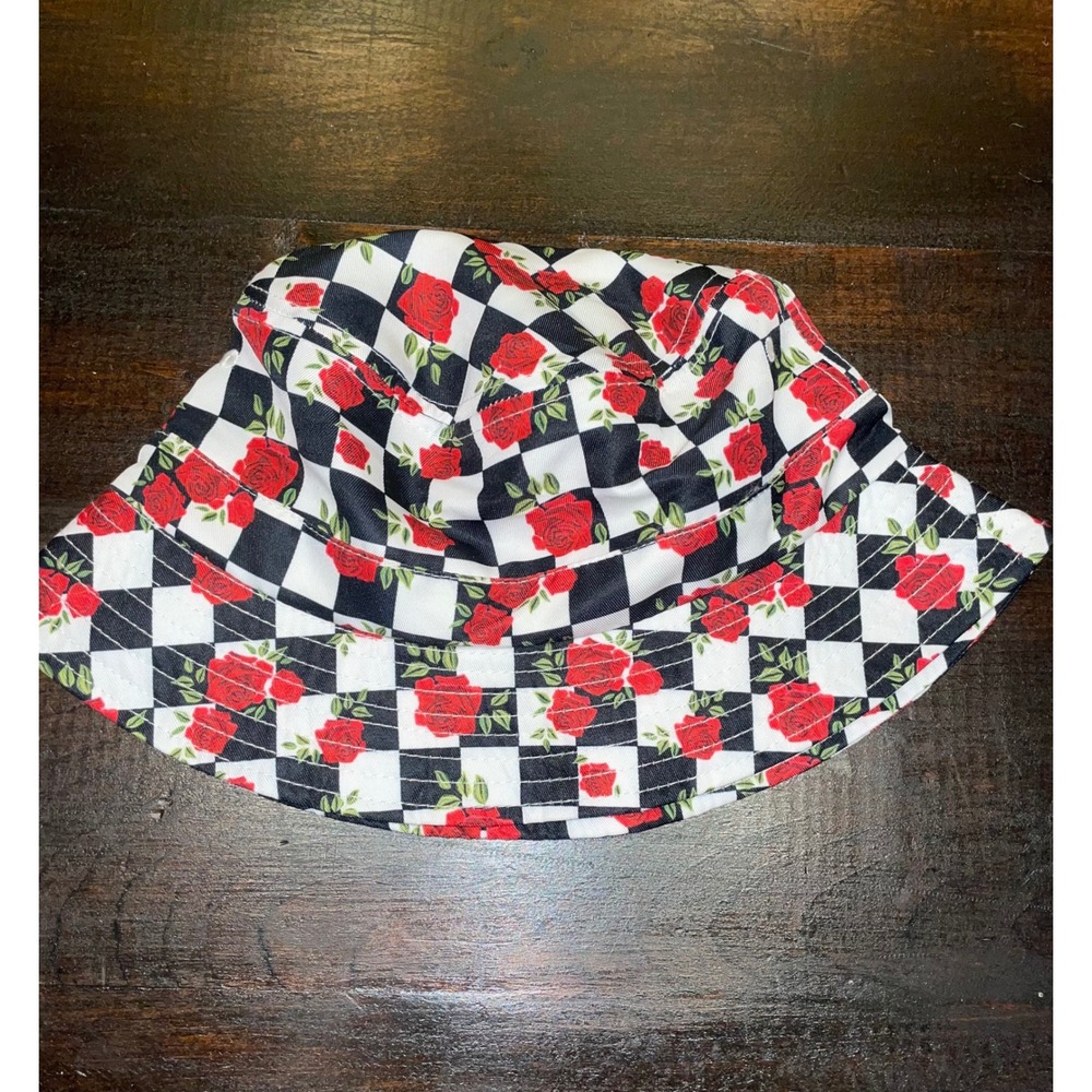 Spencers Checkered Rose Bucket Hat Trendy Fashion Black White Red Floral